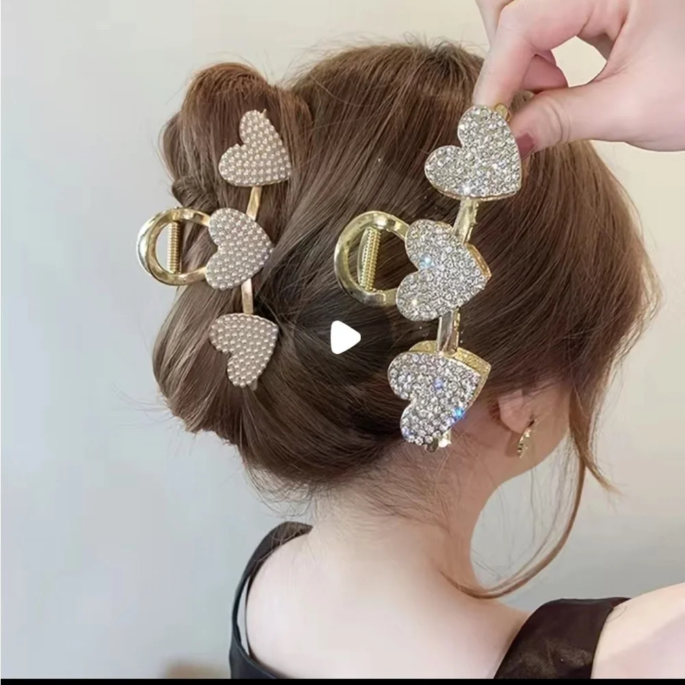 Gold Pearl & Silver Heart Rhinestone Hair Clips